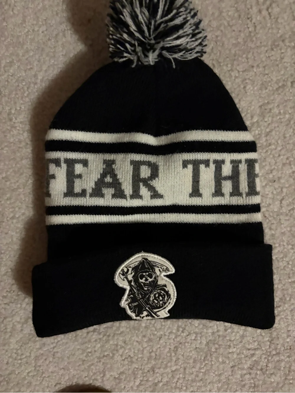 Black & White Pom Pom Kids Beanie Hat with Skull Patch